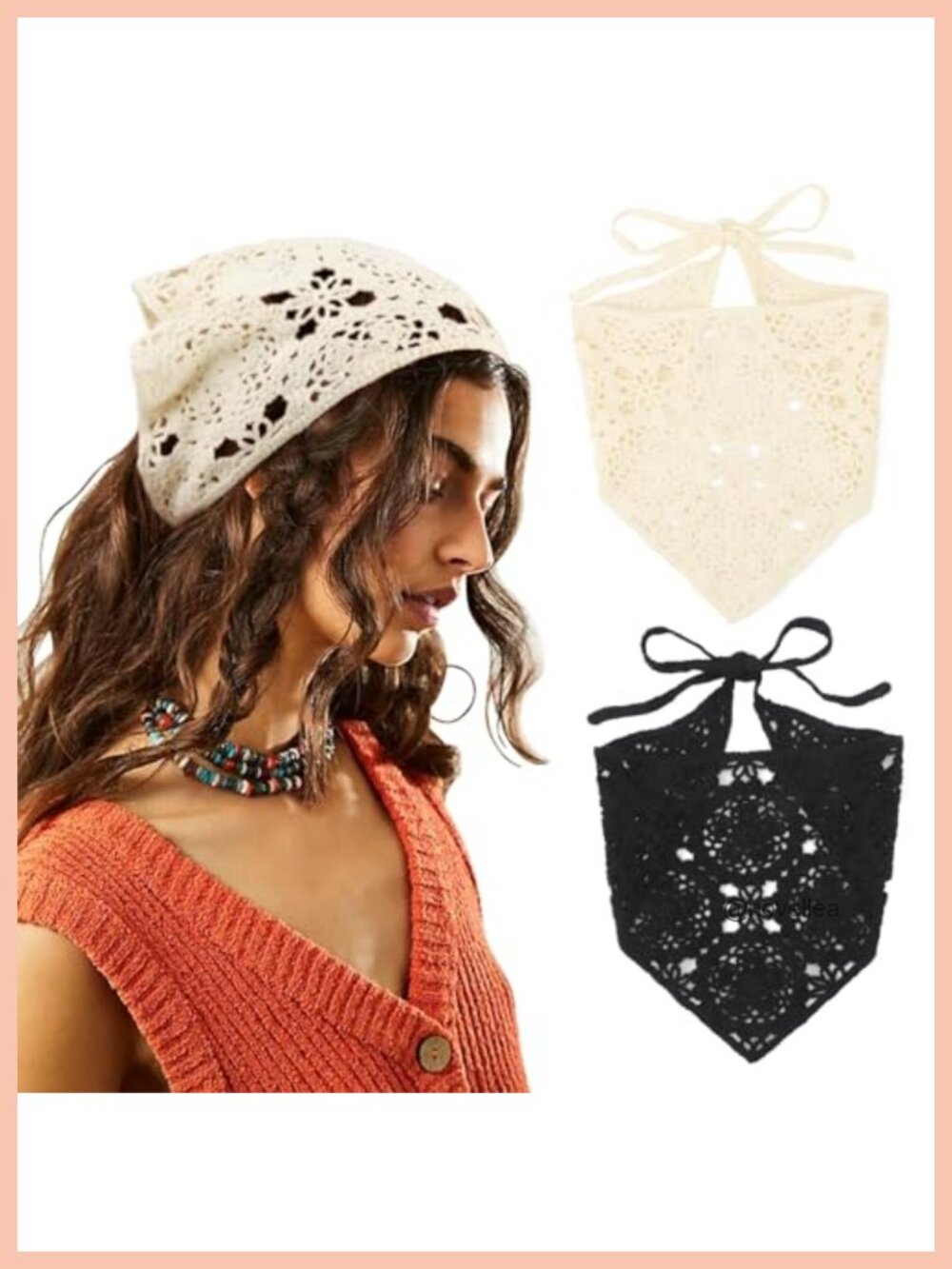 Floral Crochet Hair Bandana Tie Knotted Headscarf Vintage Headband Knitted Head